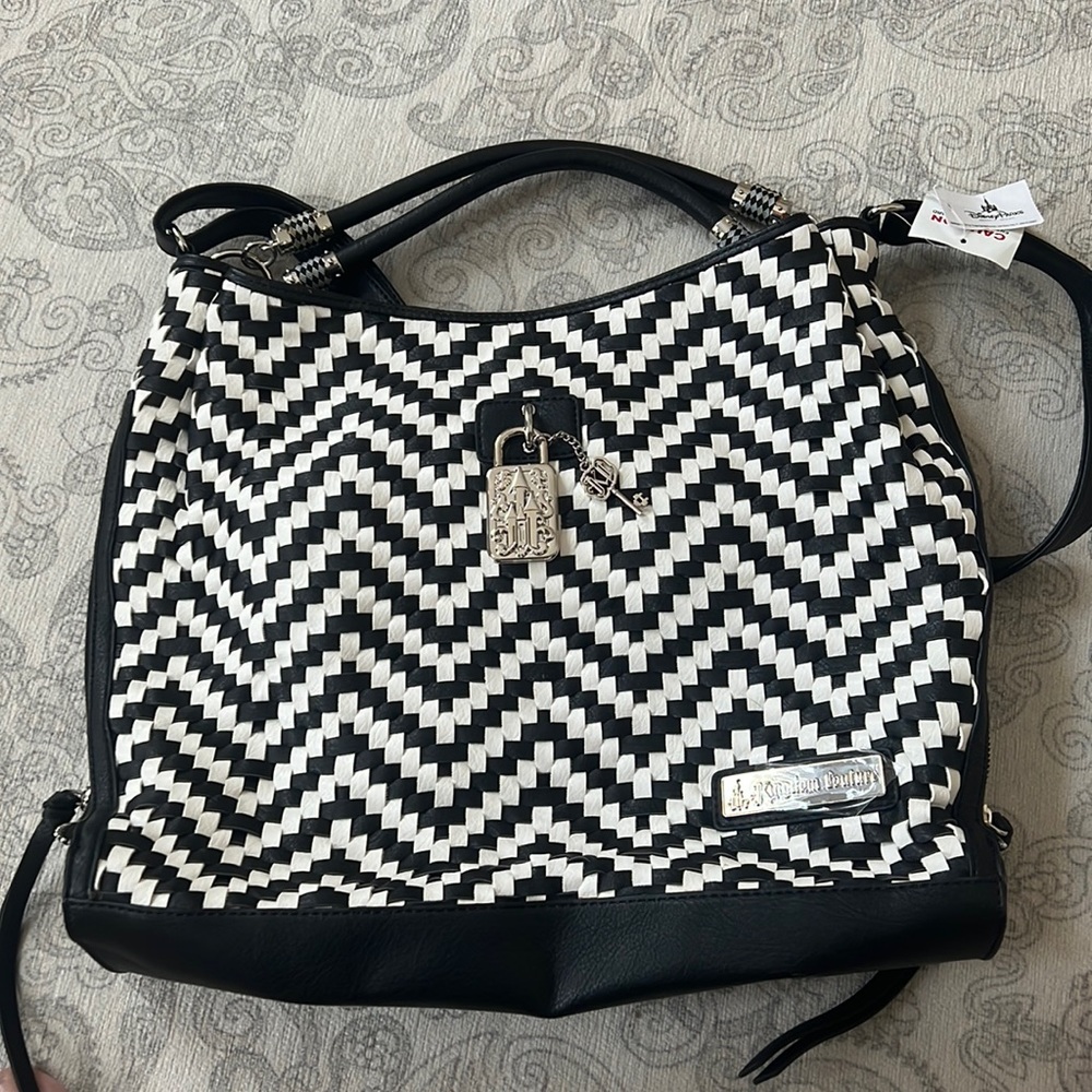 New Disney Parks Kingdom Couture woven houndstooth black and white bag